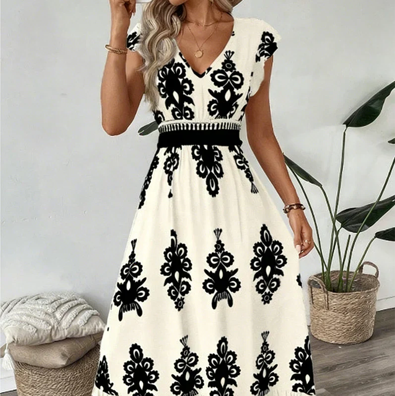 Women’s Embroidered Maxi Dress with Cap Sleeves and Defined Waist