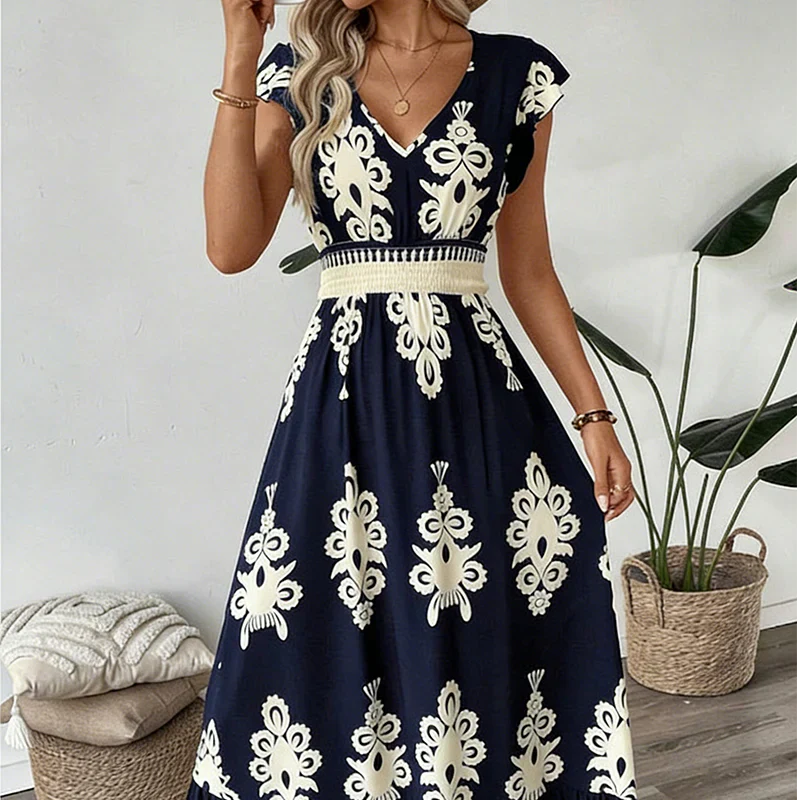 Women’s Embroidered Maxi Dress with Cap Sleeves and Defined Waist