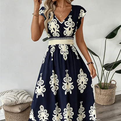 Women’s Embroidered Maxi Dress with Cap Sleeves and Defined Waist