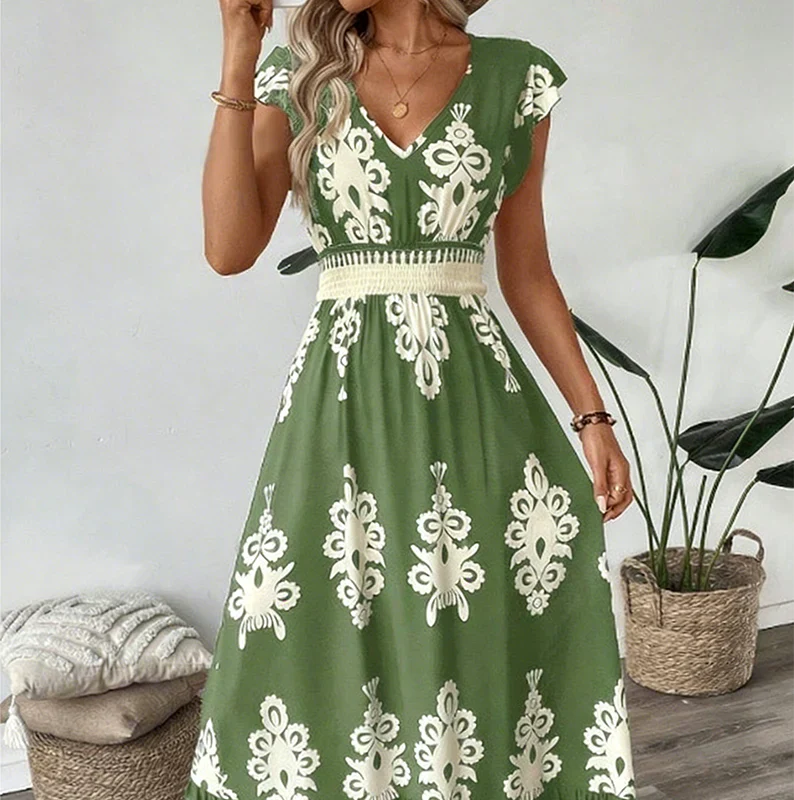 Women’s Embroidered Maxi Dress with Cap Sleeves and Defined Waist