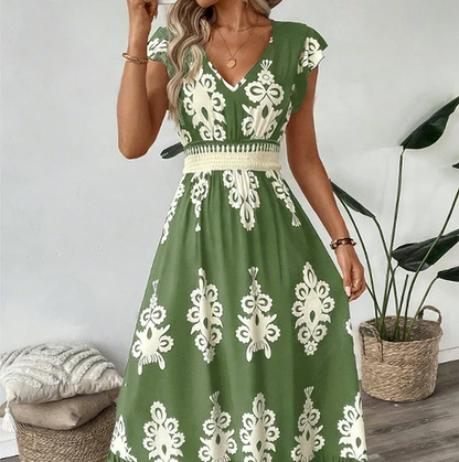 Women’s Embroidered Maxi Dress with Cap Sleeves and Defined Waist