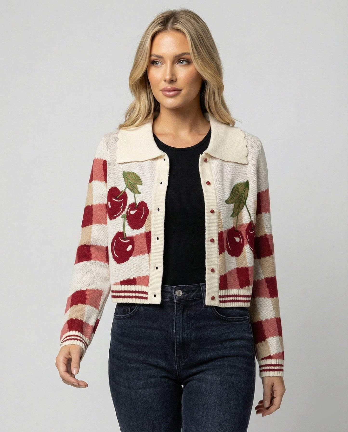 Women's Cropped Knit Cardigan with Cherry Floral Pattern