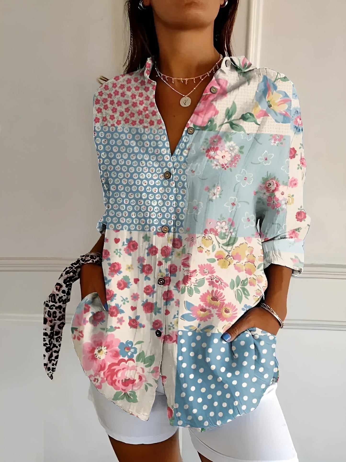 Women’s Artistic Floral Print Button-Up Blouse
