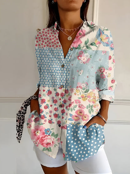 Women’s Artistic Floral Print Button-Up Blouse