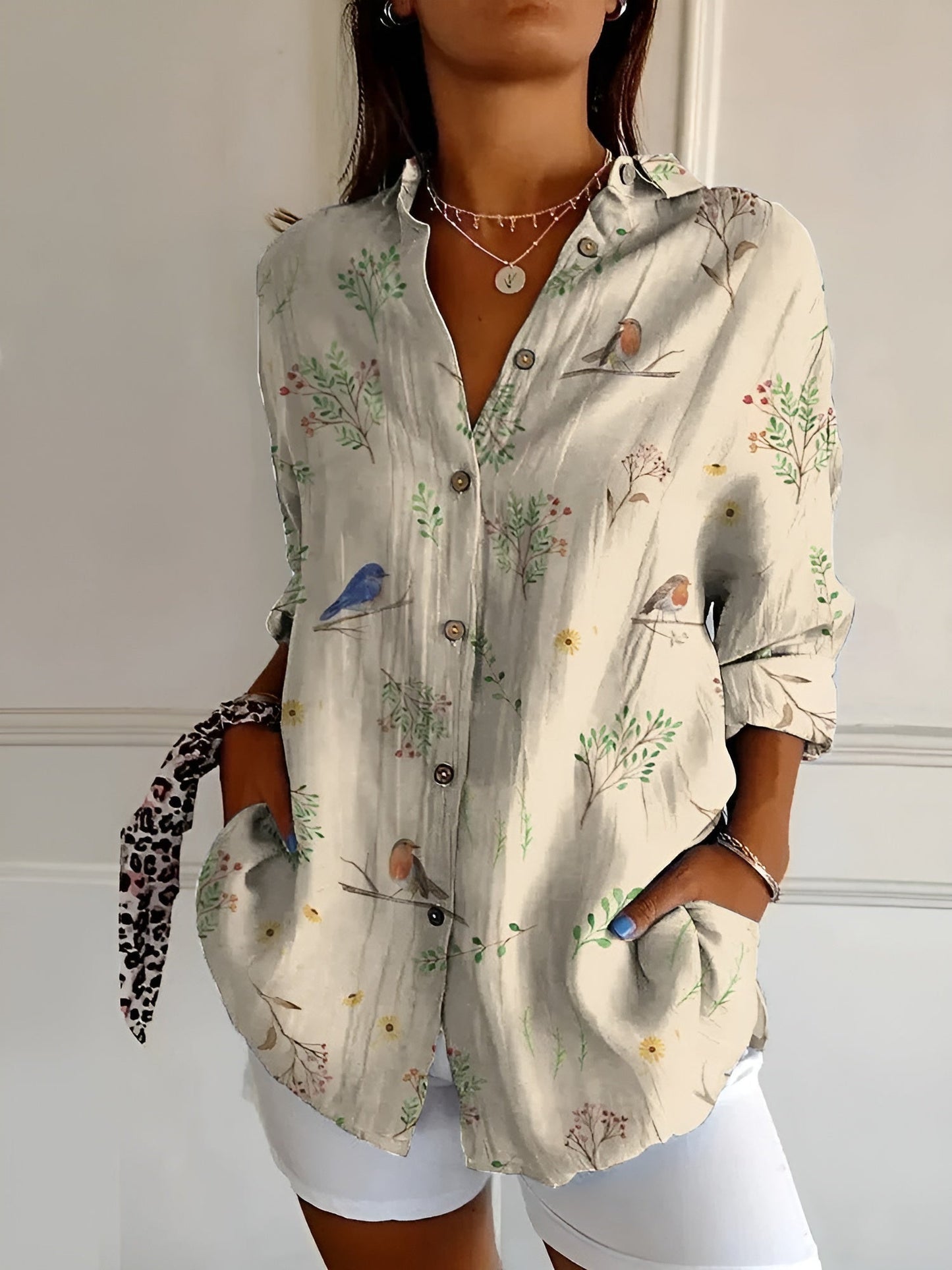 Women’s Artistic Floral Print Button-Up Blouse