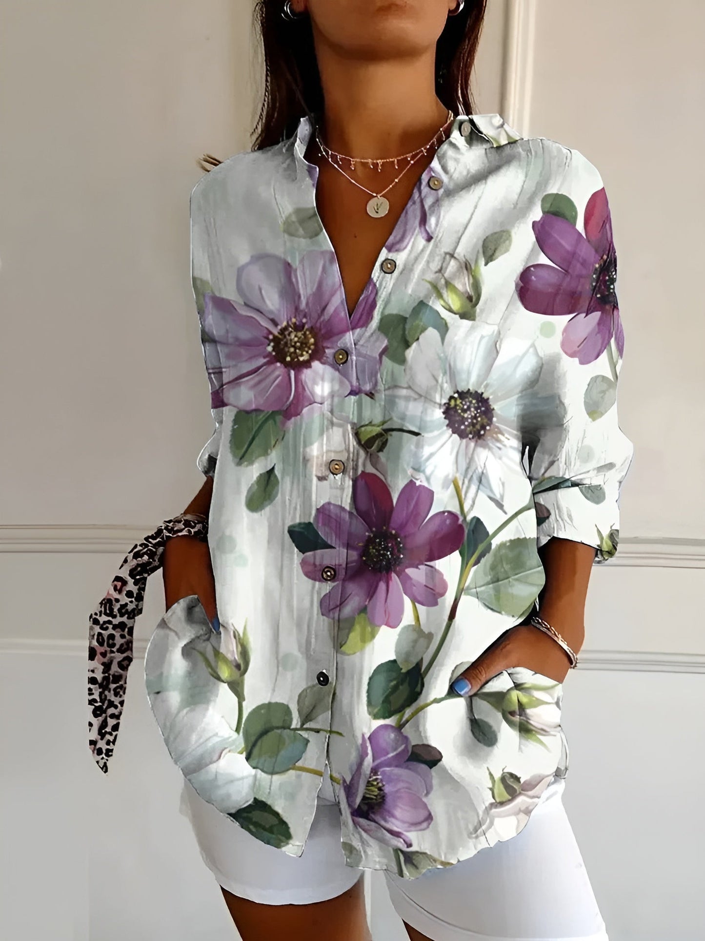 Chic Printed Blouse Women Long Sleeve Casual Style