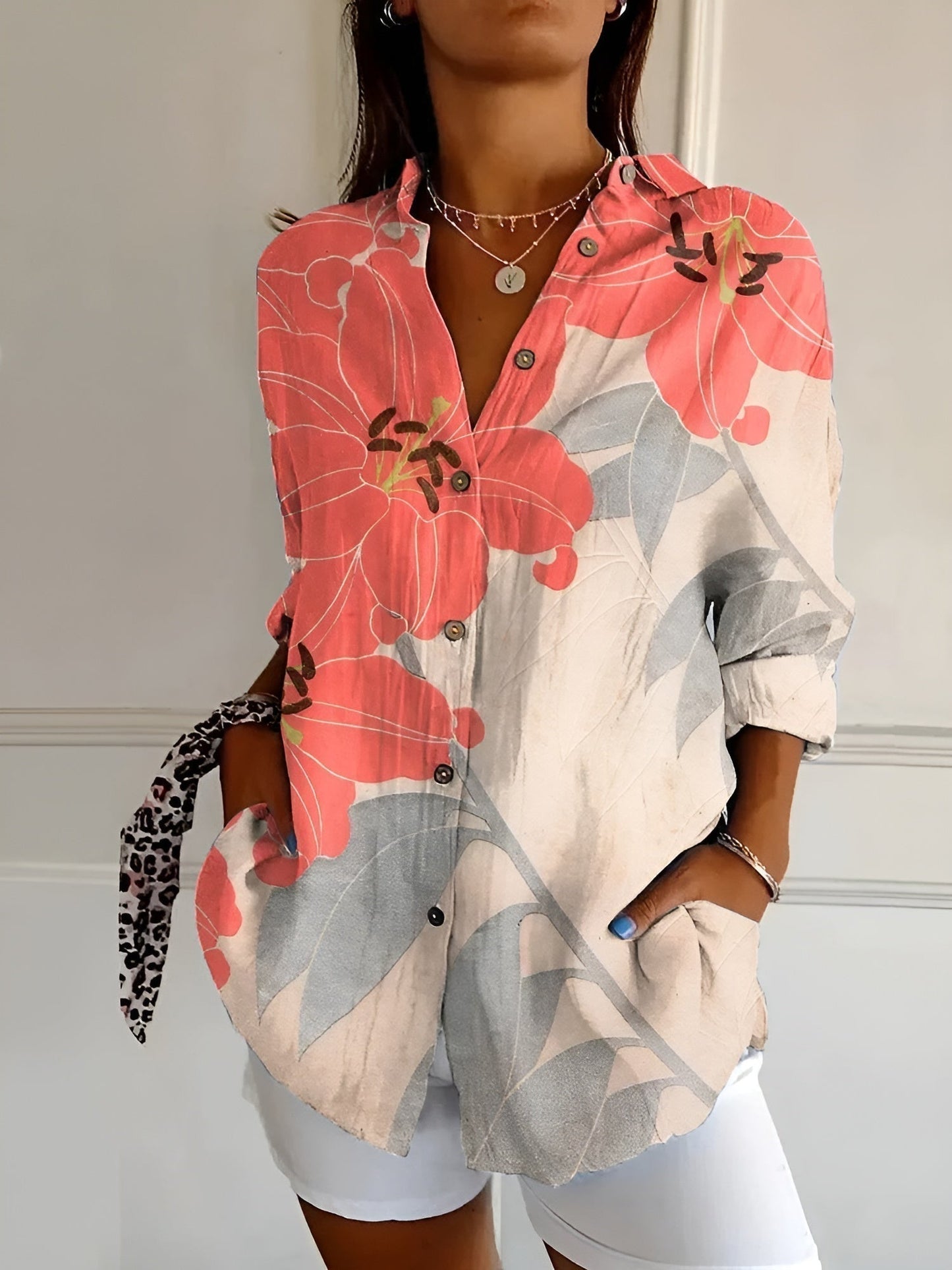 Women’s Artistic Floral Print Button-Up Blouse