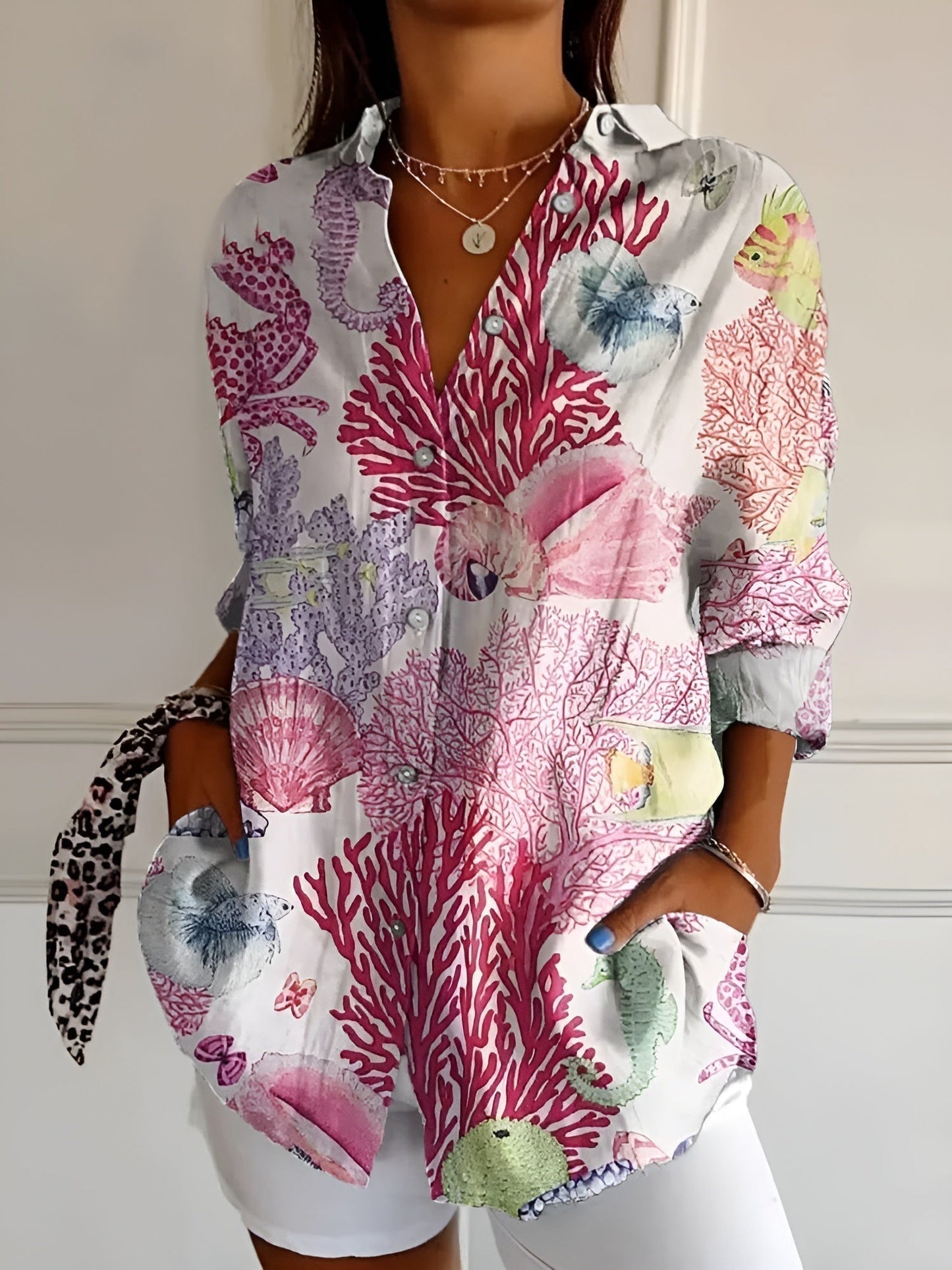Women’s Artistic Floral Print Button-Up Blouse