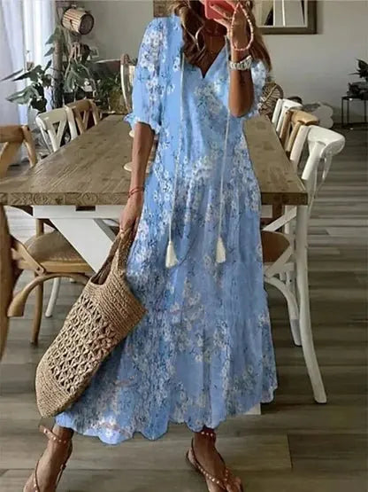 Women's Bohemian Printed Maxi Dress with V-Neck and Flowy Silhouette