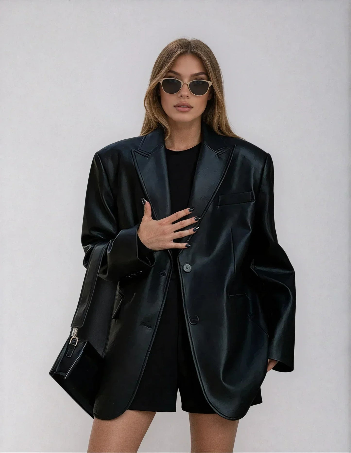 Oversized Faux Leather Blazer Jacket for Women