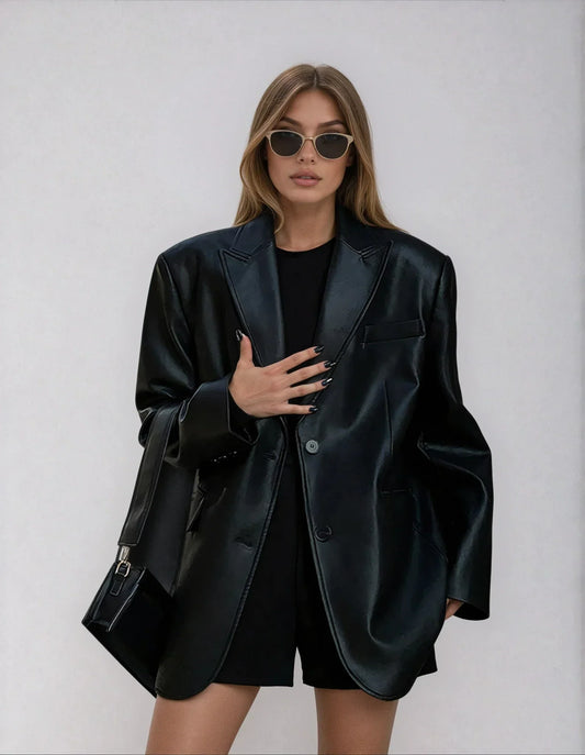 Oversized Faux Leather Blazer Jacket for Women