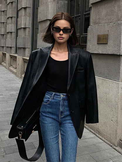 Oversized Faux Leather Blazer Jacket for Women