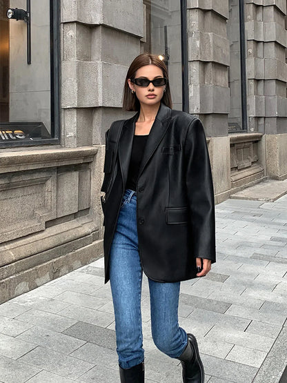 Oversized Faux Leather Blazer Jacket for Women