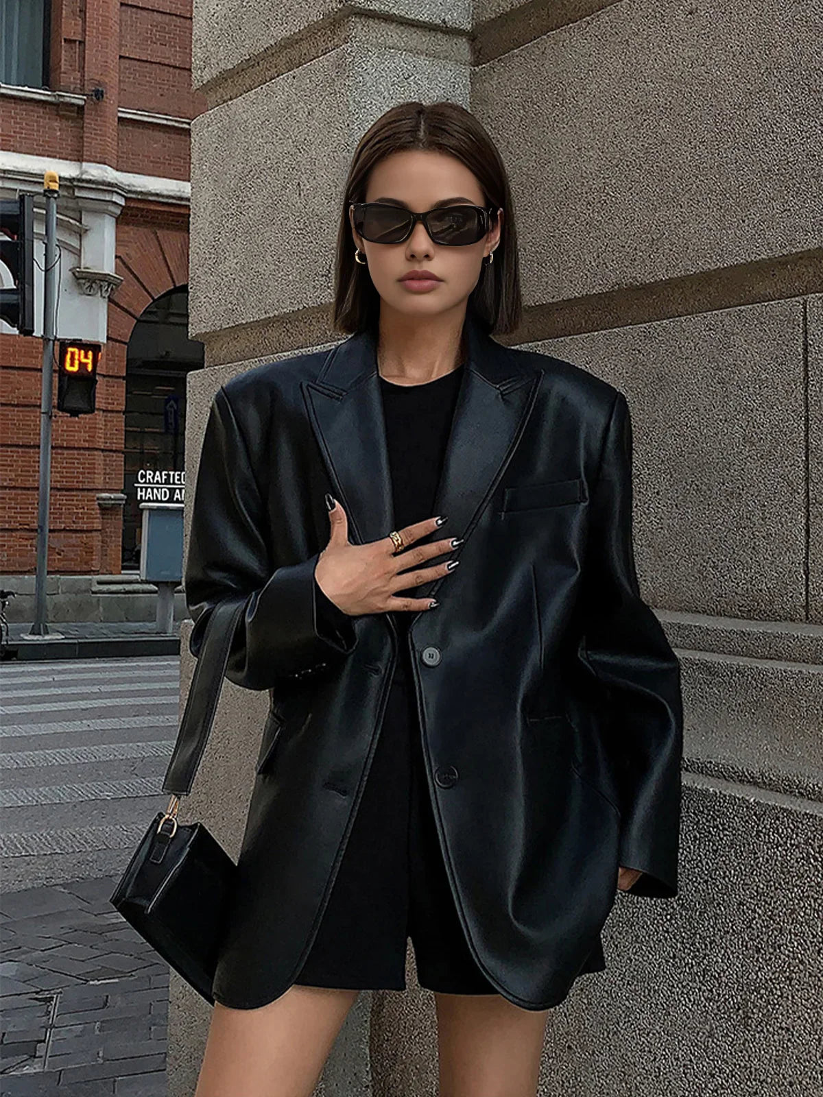 Oversized Faux Leather Blazer Jacket for Women