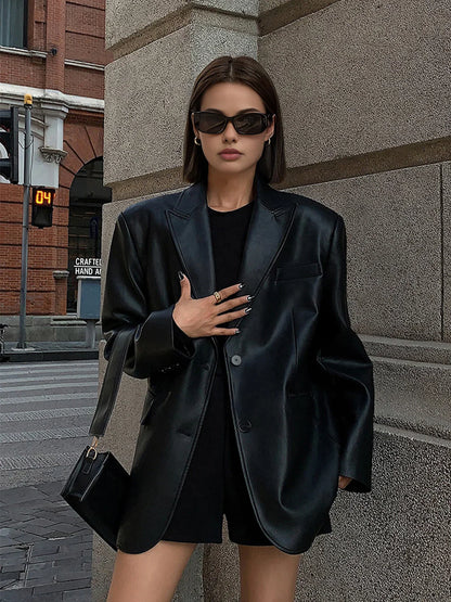 Oversized Faux Leather Blazer Jacket for Women