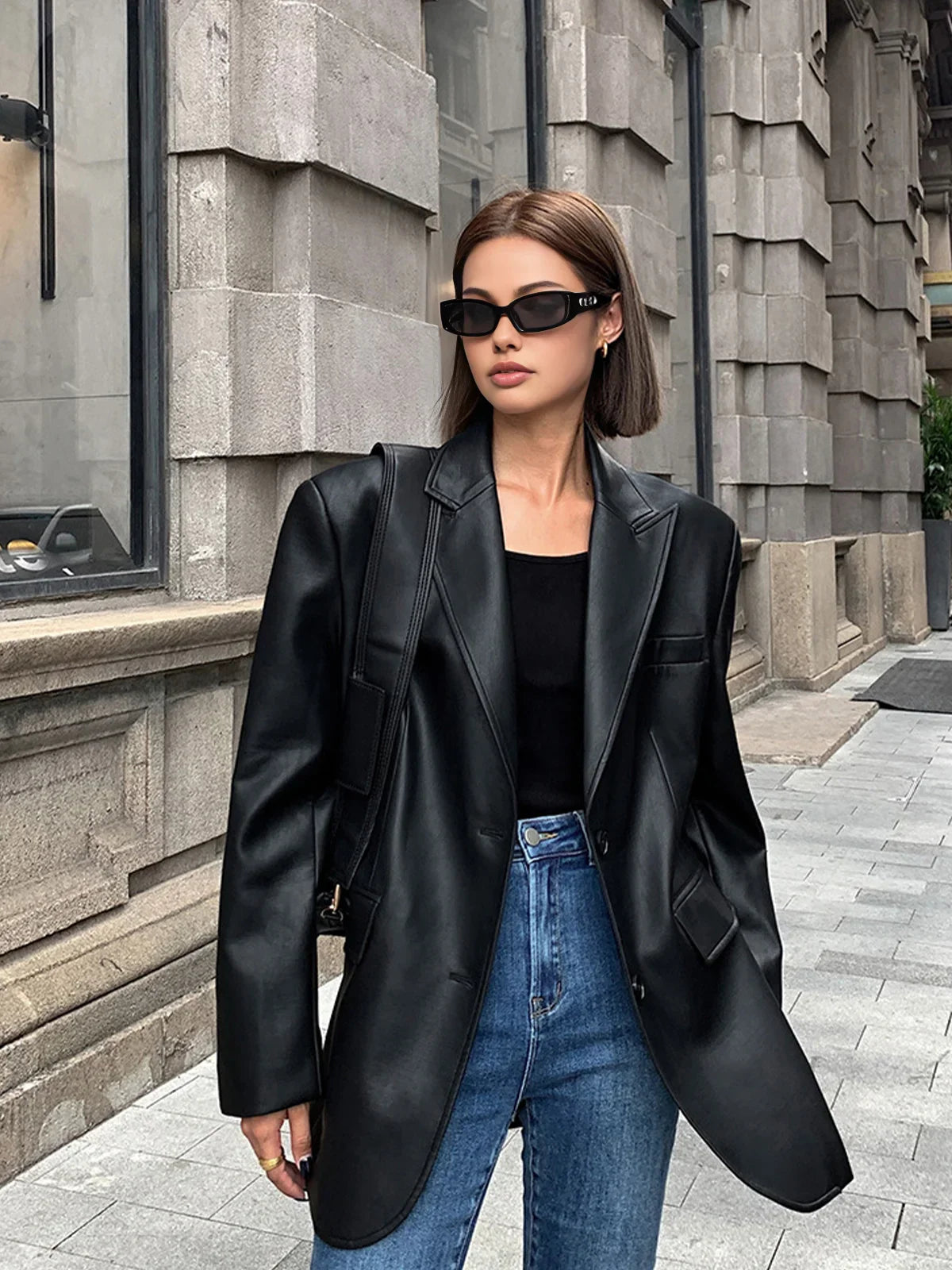 Oversized Faux Leather Blazer Jacket for Women