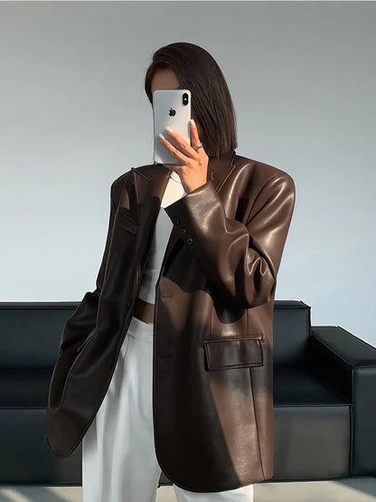 Oversized Faux Leather Blazer Jacket for Women