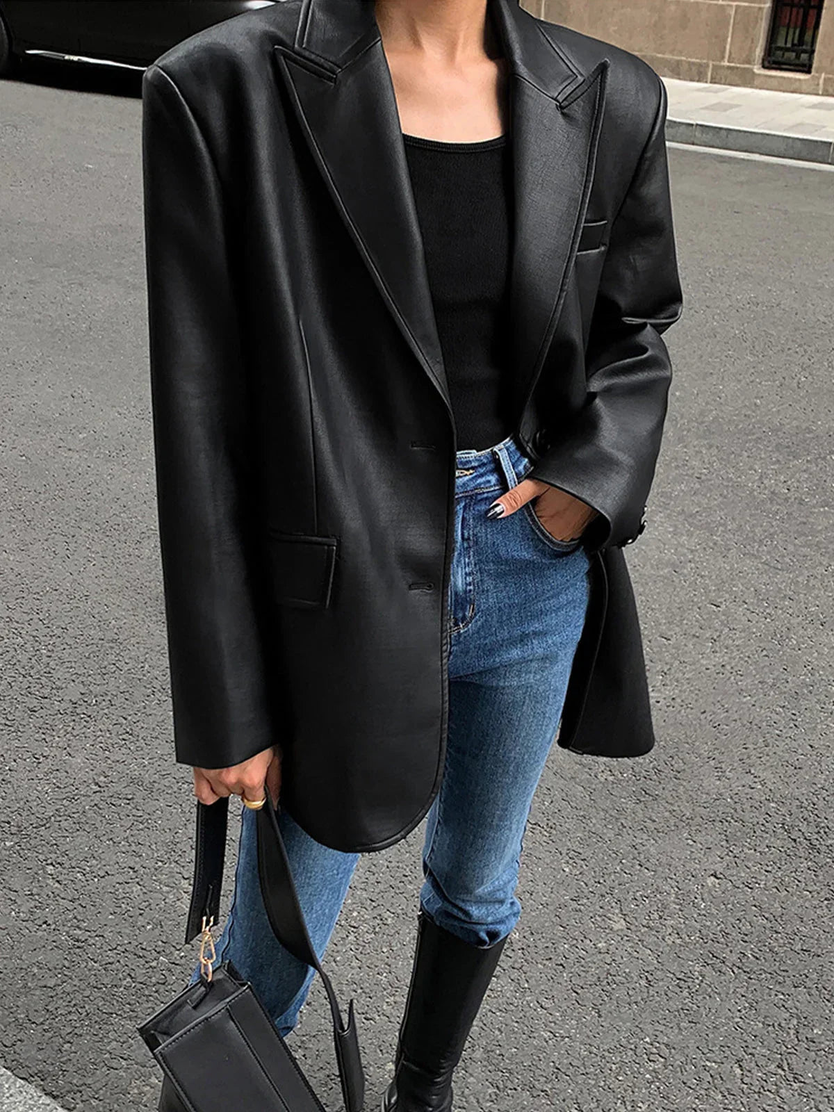 Oversized Faux Leather Blazer Jacket for Women