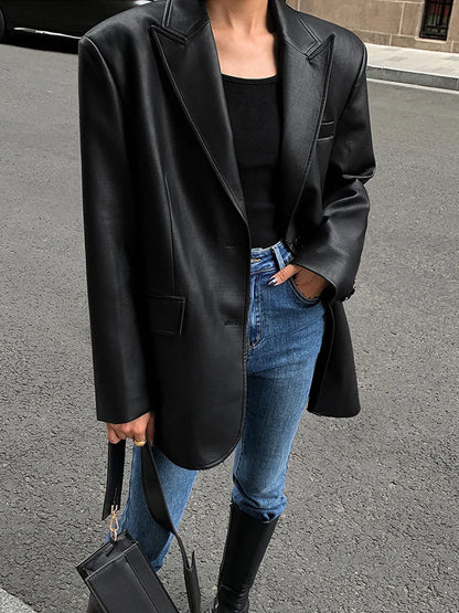 Oversized Faux Leather Blazer Jacket for Women