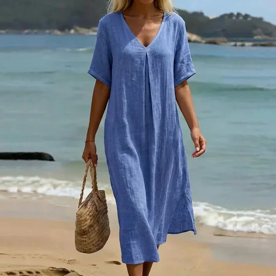 Women’s Relaxed V-Neck Midi Dress with Short Sleeves