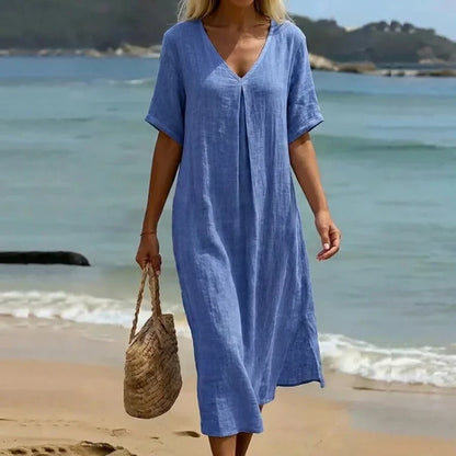 Women’s Relaxed V-Neck Midi Dress with Short Sleeves