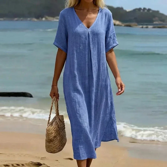 Women’s Relaxed V-Neck Midi Dress with Short Sleeves
