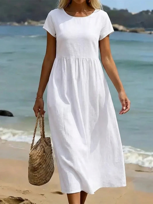 Women’s Short Sleeve Midi Dress with Relaxed A-Line Silhouette
