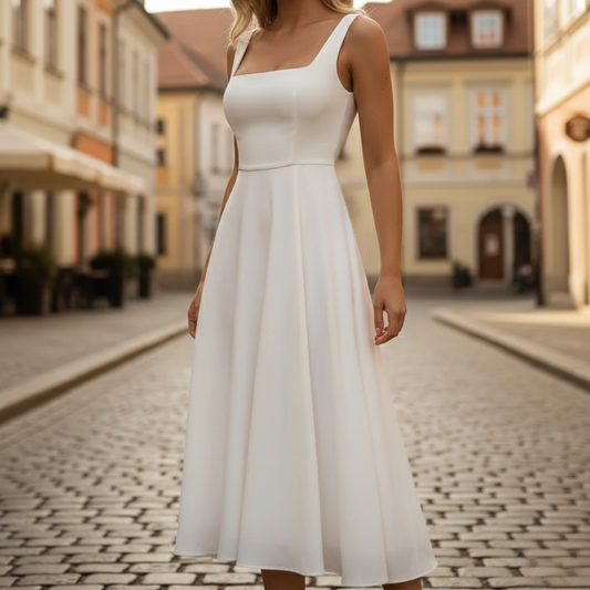 White Square Neck Sleeveless A-Line Midi Dress for Women