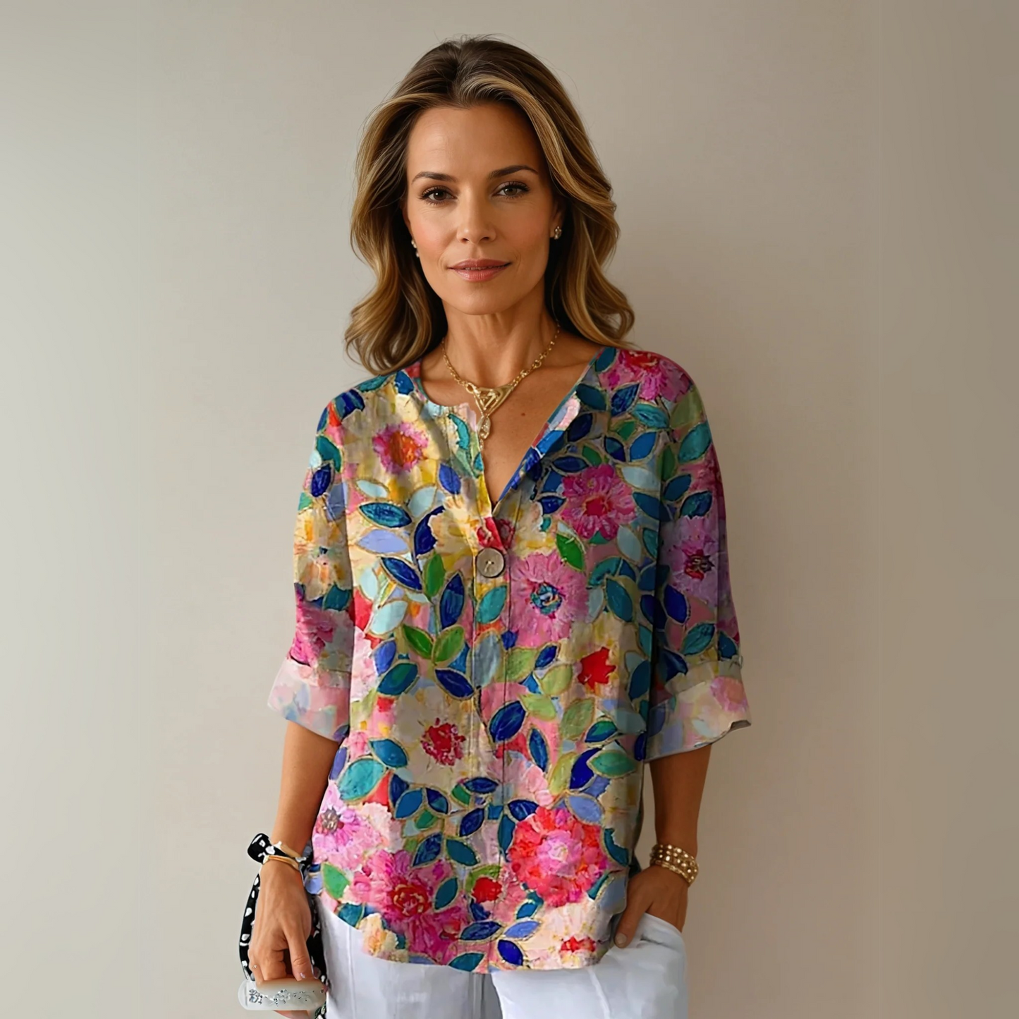 Floral V-Neck Blouse Women Loose Fit Summer Style