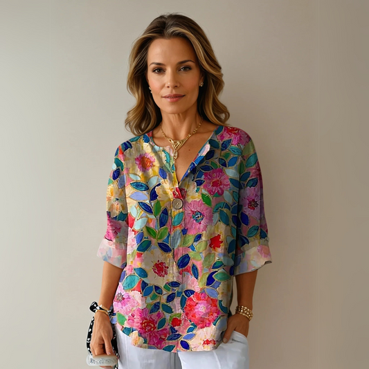 Floral V-Neck Blouse Women Loose Fit Summer Style
