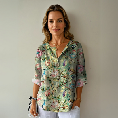 Floral V-Neck Blouse Women Loose Fit Summer Style