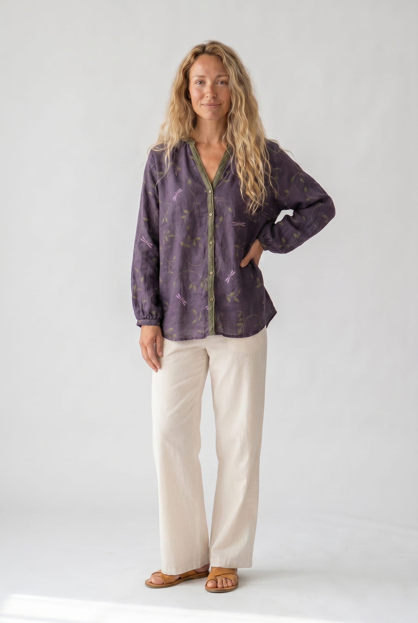 Women's Relaxed Boho V-Neck Blouse with Long Sleeves