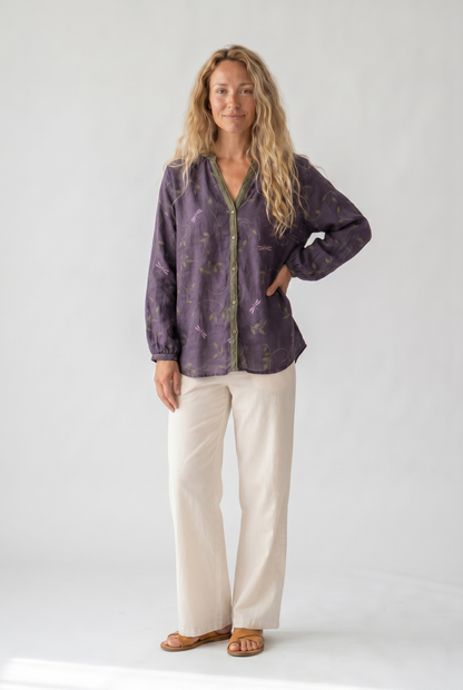 Women's Relaxed Boho V-Neck Blouse with Long Sleeves