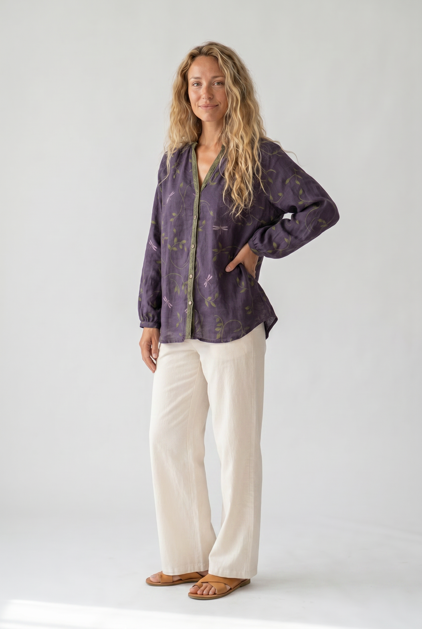 Women's Relaxed Boho V-Neck Blouse with Long Sleeves