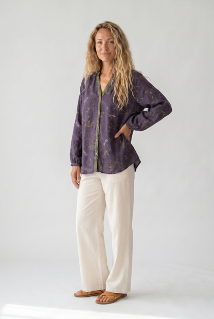 Women's Relaxed Boho V-Neck Blouse with Long Sleeves