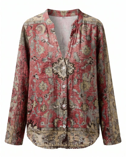 Women's Relaxed Boho V-Neck Blouse with Long Sleeves