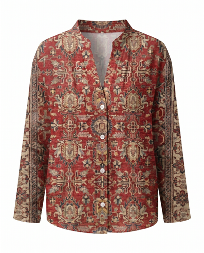 Women's Relaxed Boho V-Neck Blouse with Long Sleeves