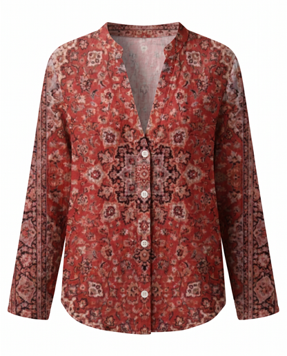 Women's Relaxed Boho V-Neck Blouse with Long Sleeves