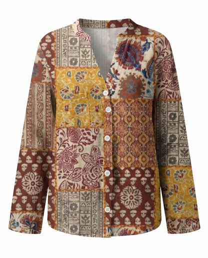 Women's Relaxed Boho V-Neck Blouse with Long Sleeves