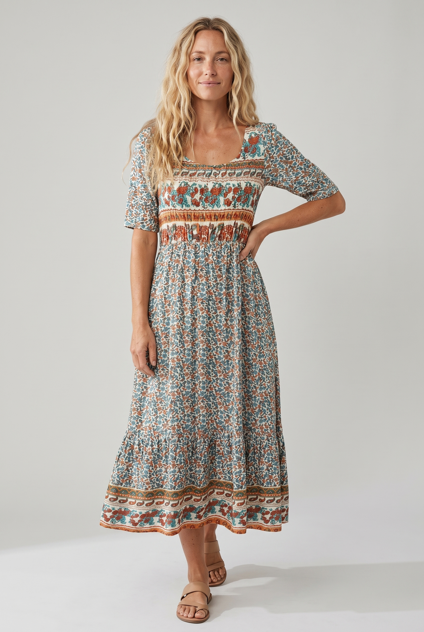 Women's Boho Print Square Neck Shirred Midi Dress