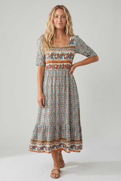 Women's Boho Print Square Neck Shirred Midi Dress