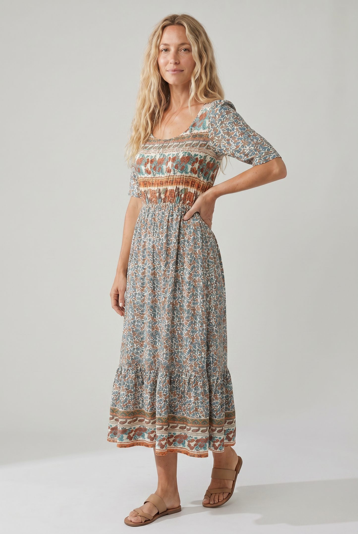 Women's Boho Print Square Neck Shirred Midi Dress