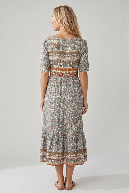 Women's Boho Print Square Neck Shirred Midi Dress