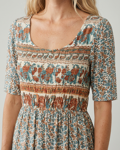 Women's Boho Print Square Neck Shirred Midi Dress