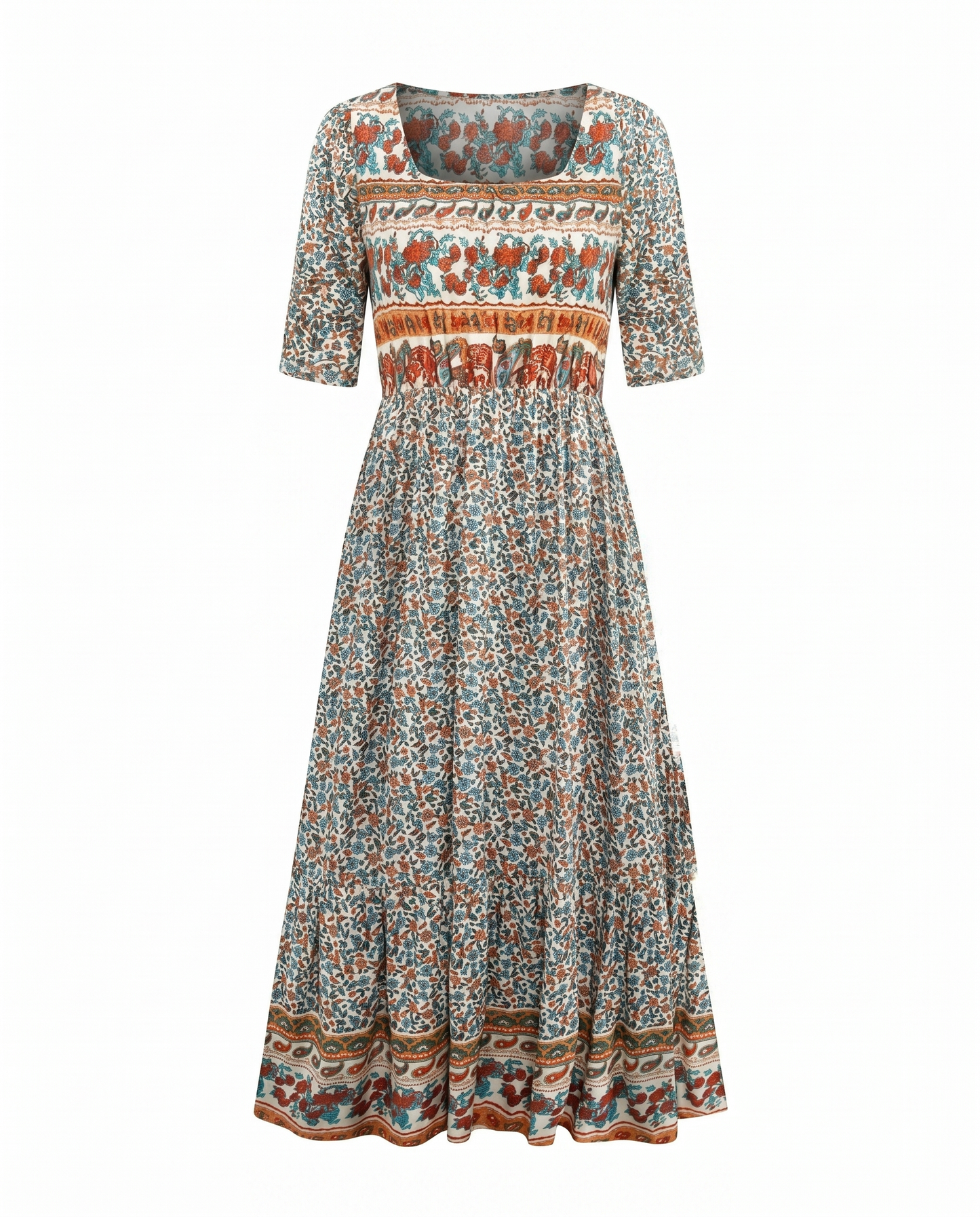 Women's Boho Print Square Neck Shirred Midi Dress
