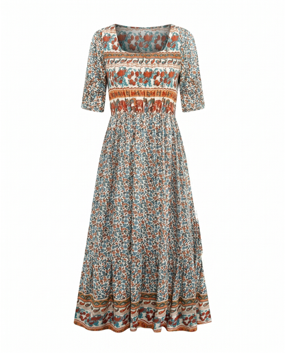 Women's Boho Print Square Neck Shirred Midi Dress