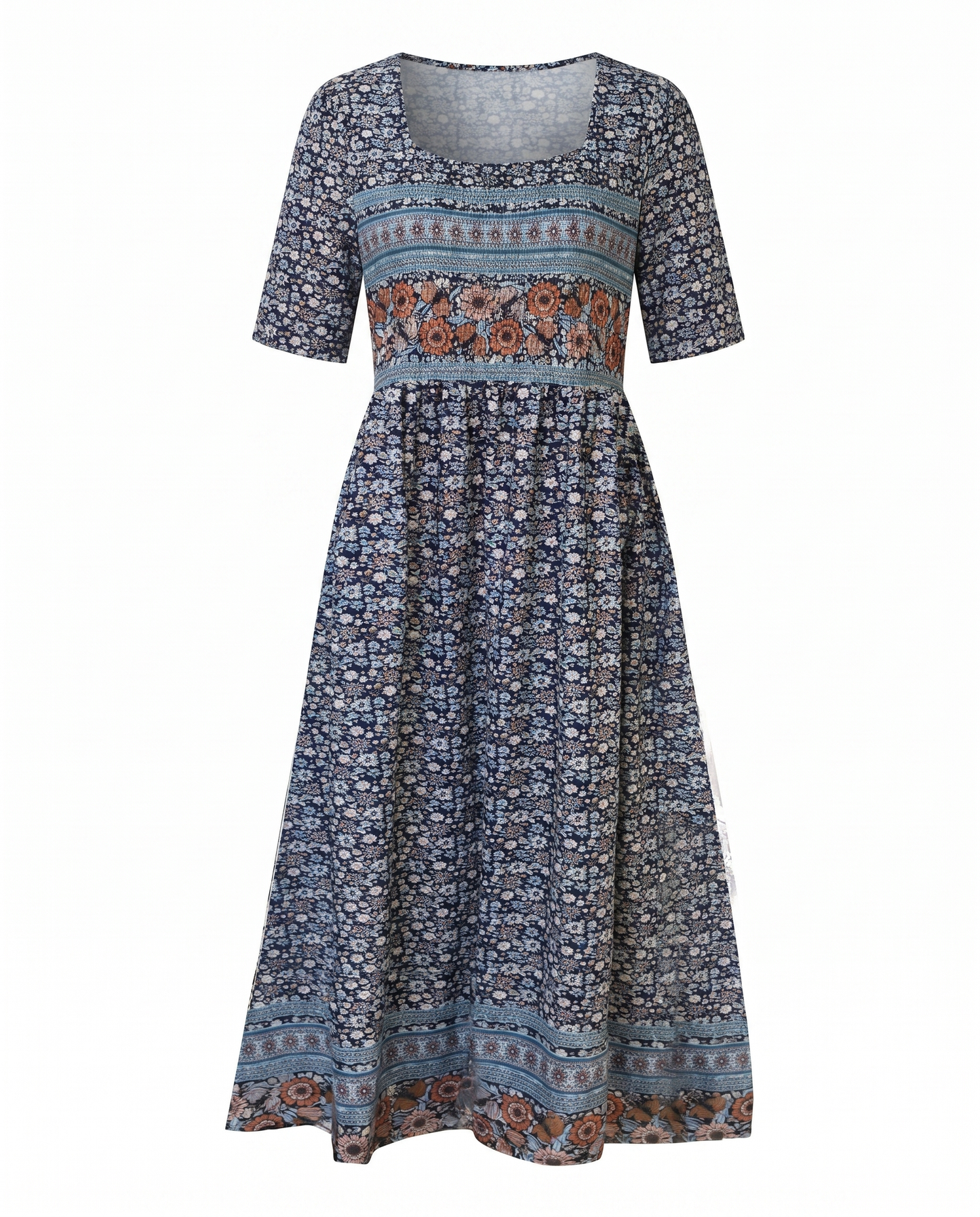 Women's Boho Print Square Neck Shirred Midi Dress