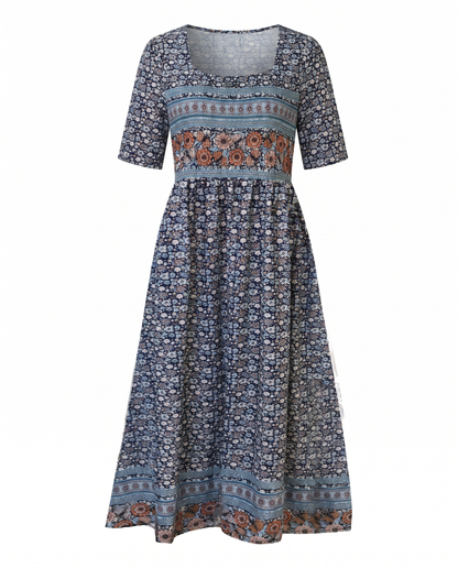 Women's Boho Print Square Neck Shirred Midi Dress