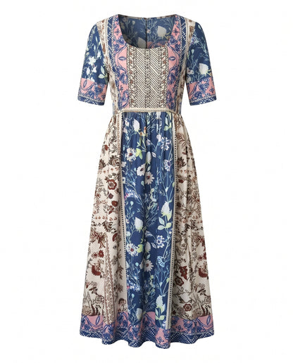 Women's Boho Print Square Neck Shirred Midi Dress