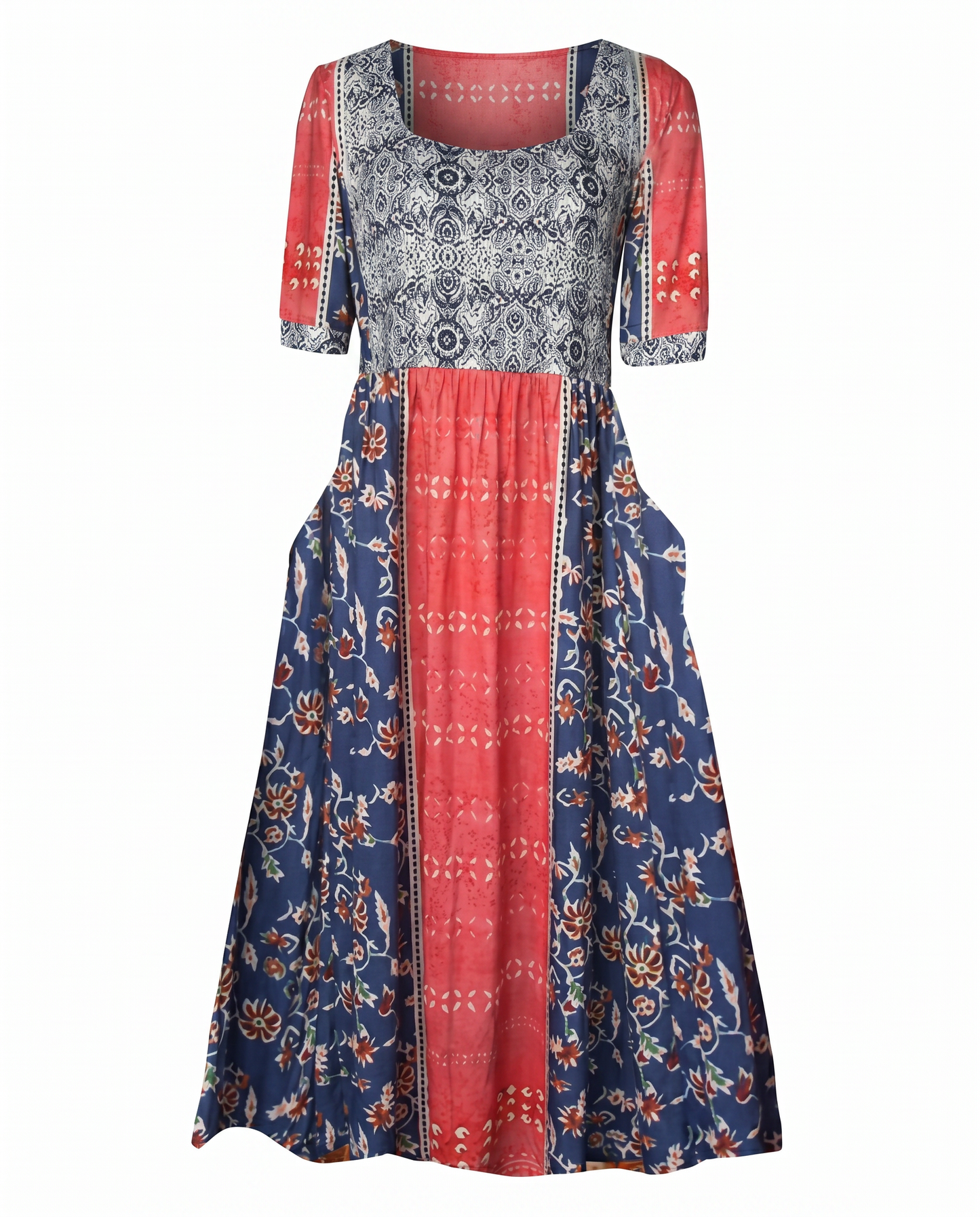 Women's Boho Print Square Neck Shirred Midi Dress